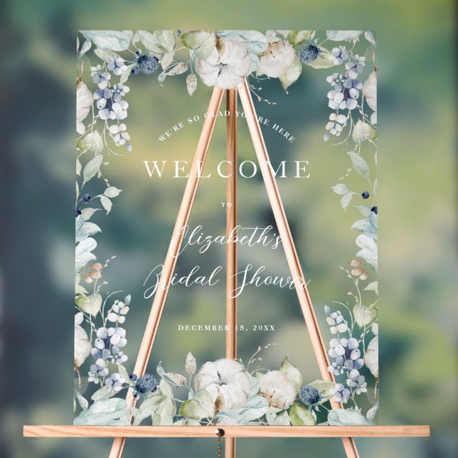 Winter Dusty Blue Floral Frame Bridal Shower Acrylic Sign (Neutral)