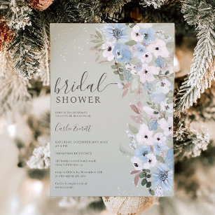Winter dusty blue floral snow green bridal shower invitation
