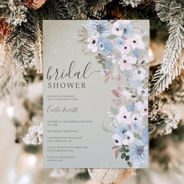 Winter dusty blue floral snow green bridal shower invitation (Creator Uploaded)