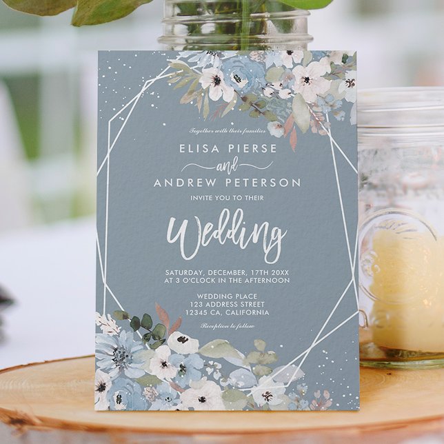 Winter dusty blue floral snow photo script wedding invitation (Creator Uploaded)