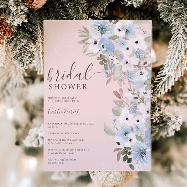 Winter dusty blue floral snow pink bridal shower invitation (Creator Uploaded)
