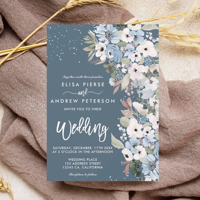 Winter dusty blue floral snow wedding invitation (Winter dusty blue floral snow wedding invitation on dusty bue)