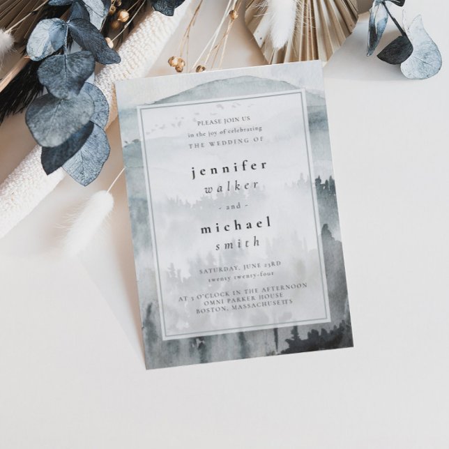 Winter Dusty Blue Mountain Minimalist Wedding  Invitation (Creator Uploaded)