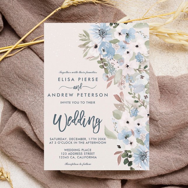Winter dusty ice blue floral snow wedding invitation (Winter dusty blue floral snow wedding invitation on ivory)
