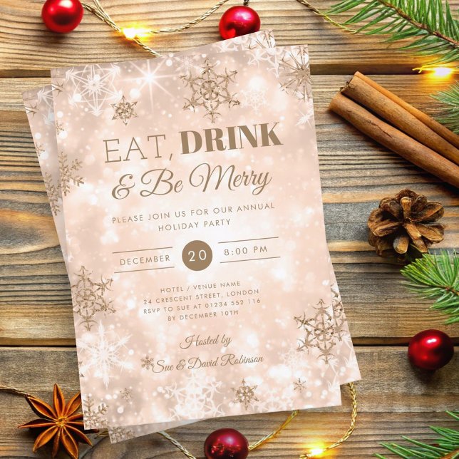 Winter "Eat & Drink" Rose Gold Holiday Christmas  Invitation (Winter "Eat & Drink" Rose Gold Holiday Christmas Invitation)