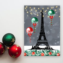 Winter Eiffel Tower, Christmas Balloons Nighttime Holiday Card