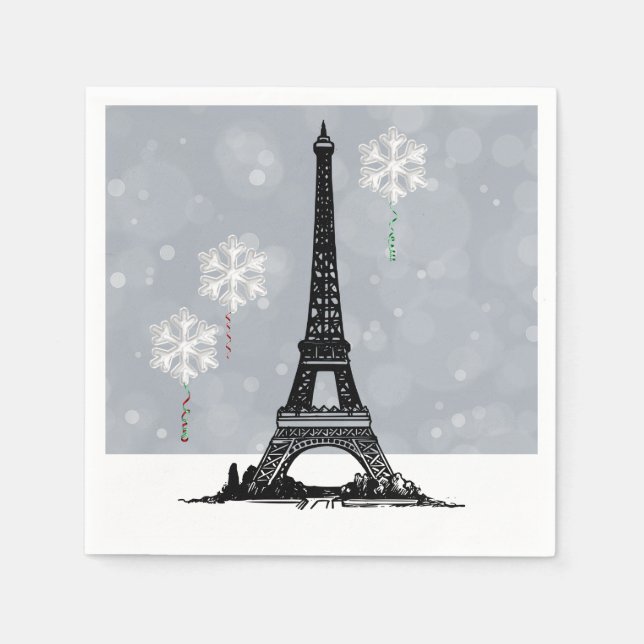 Winter Eiffel Tower, Snowflake Balloons Christmas Napkin (Front)