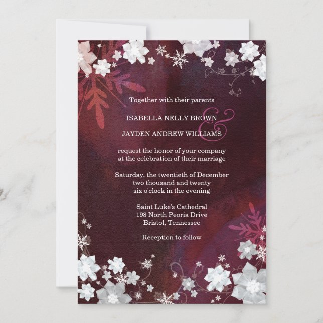 Winter Elegance Snow Flowers Wedding Invitation (Front)
