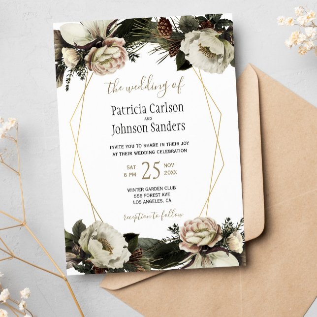 Winter elegant floral gold geometric wedding invitation (Creator Uploaded)