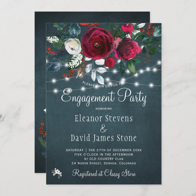 Winter elegant floral rustic engagement party invitation (Front/Back)