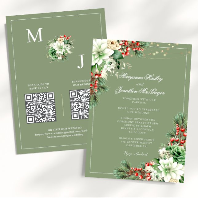 Winter Elegant Floral Sage Green Wedding Invitation (Creator Uploaded)