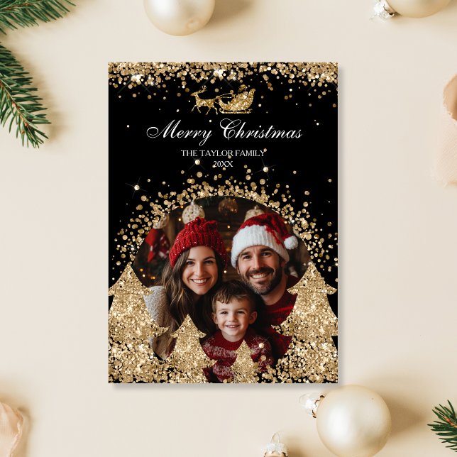 Winter Elegant Gold Glitter Christmas Tree Photo Invitation (Creator Uploaded)