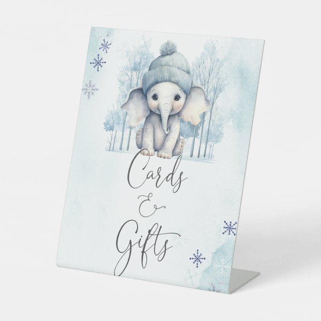 Winter Elephant Boy  Baby Shower Cards and Gifts Pedestal Sign (Front)