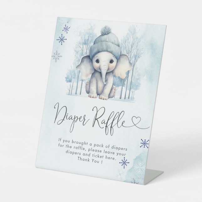 Winter Elephant Boy  Baby Shower Diaper Raffle Pedestal Sign (Front)