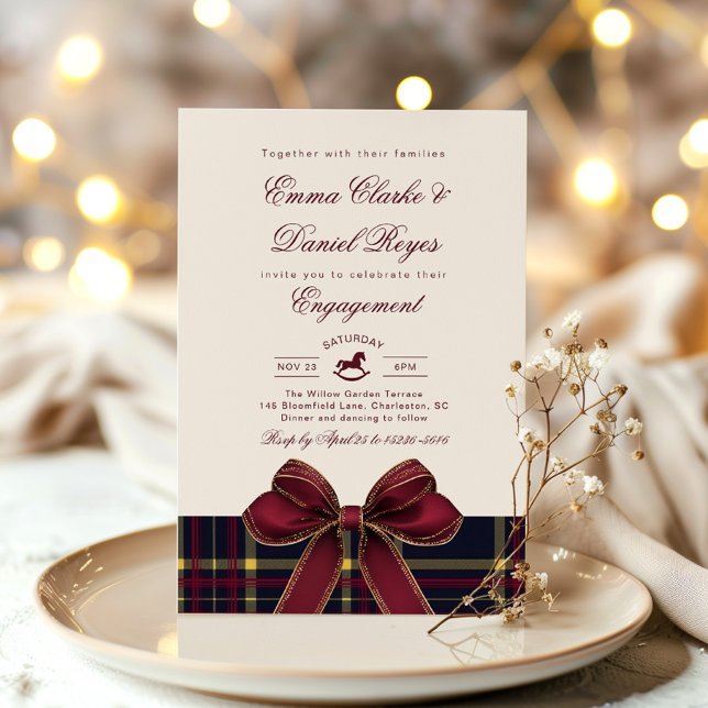 Winter Engagement party Christmas Plaid Red Bow Invitation (Creator Uploaded)