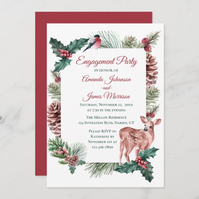 Winter Engagement Party Red Christmas Wedding Deer Invitation (Front/Back)