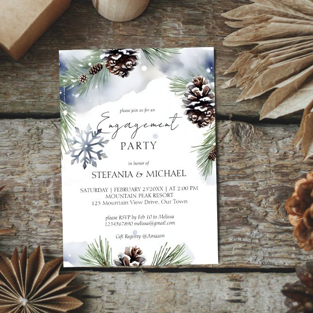 Winter engagement watercolor snowy pines template (Winter engagement party editable template invitation digital download watercolor snowy pines )