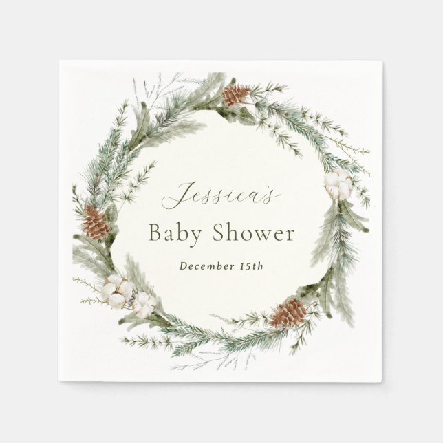 Winter Evergreen and Cotton Baby Shower  Napkin (Front)