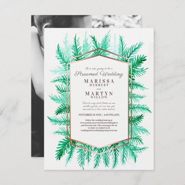 Winter evergreen art green streaming wedding invitation (Front/Back)