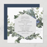 Winter Evergreen Blue Wedding Invitation<br><div class="desc">Trendy,  square wedding invitation framed by watercolor foliage of holly,  evergreens and winter florals. Customise with your information for your shower day. Click "click to customise further" to change the font style,  size,  colour or background colour.</div>