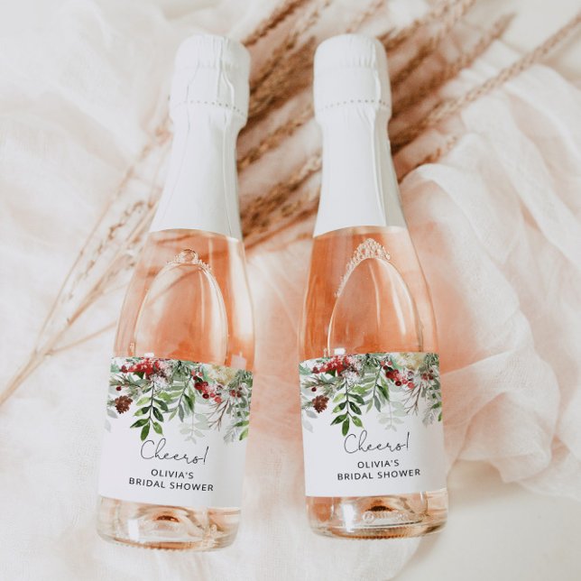 Winter evergreen bridal shower Sparkling Wine labe Sparkling Wine Label (Creator Uploaded)