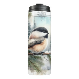 Winter Evergreen Chickadee Bird Watercolor Tumbler
