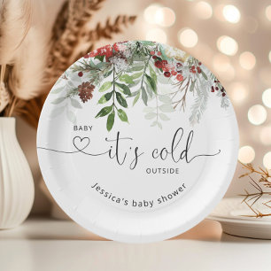 Winter evergreen festive foliage baby shower paper plate