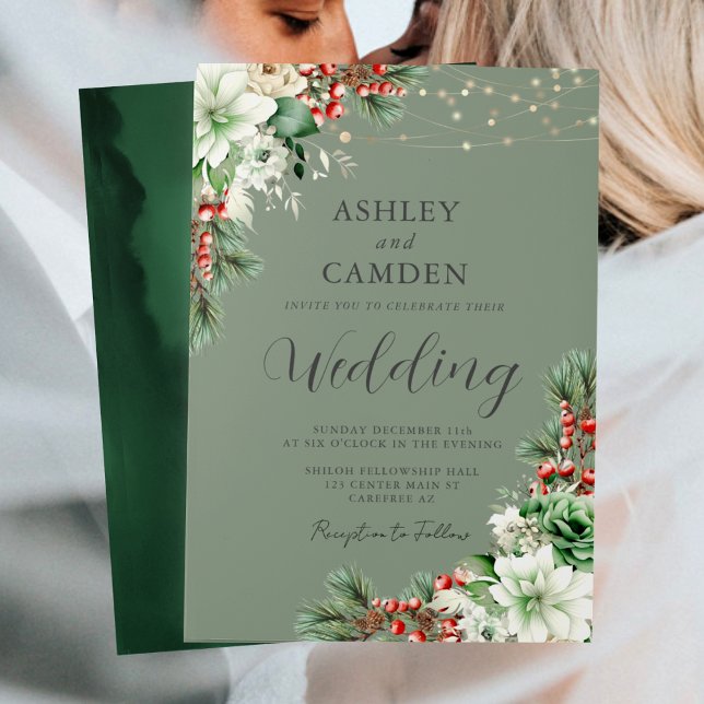 Winter Evergreen Floral Emerald Green Wedding Invitation (Creator Uploaded)
