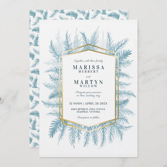 Winter evergreen foliage watercolor blue wedding invitation (Front/Back)