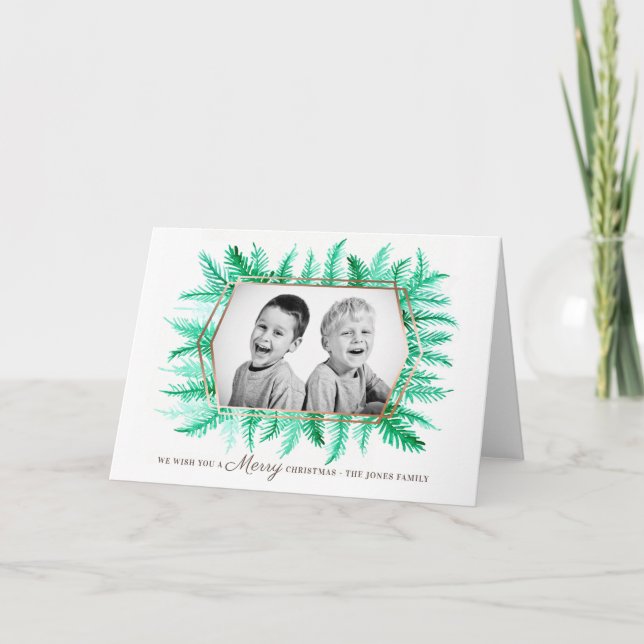 Winter evergreen foliage watercolor green holiday card (Front)