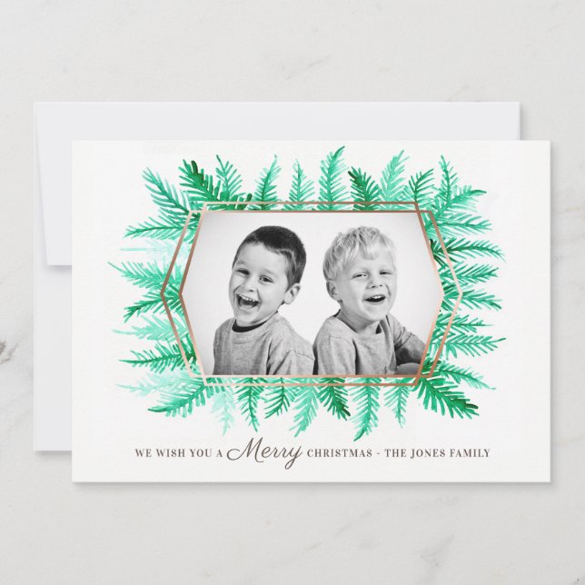 Winter evergreen foliage watercolor green holiday card (Front)