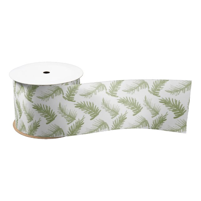 Winter evergreen foliage watercolor green satin ribbon (Spool)