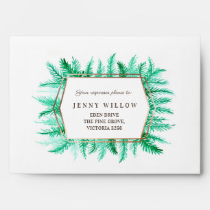 Winter evergreen foliage watercolor green wedding envelope