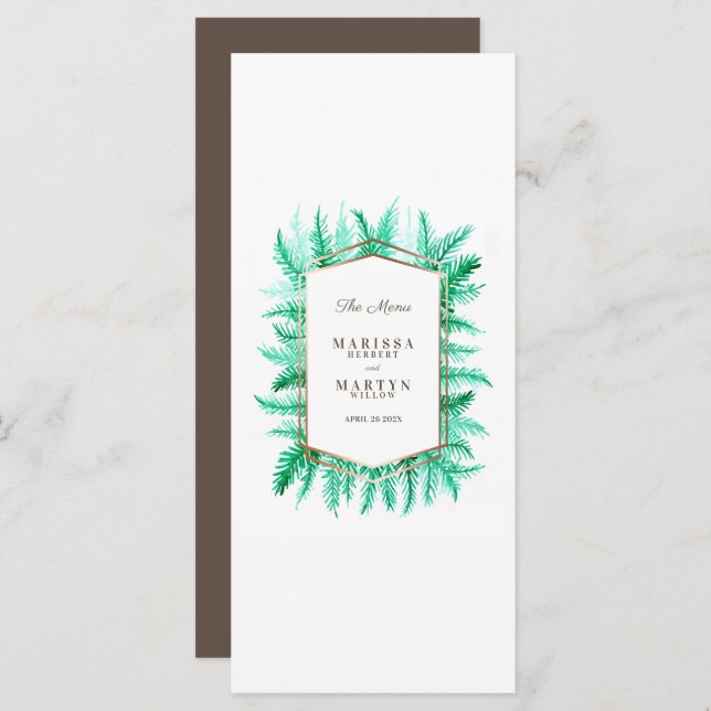 Winter evergreen foliage watercolor green wedding menu (Front/Back)