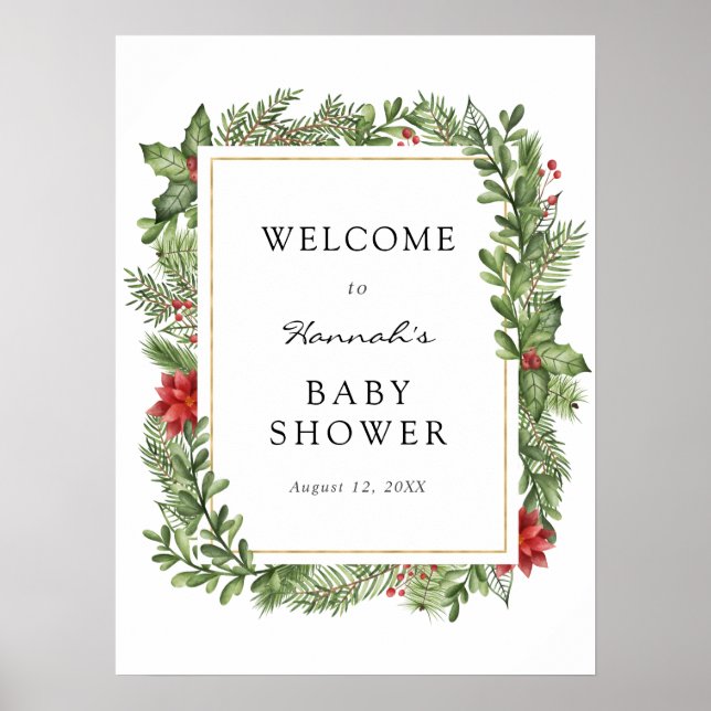Winter Evergreen Frame Baby Shower Welcome Sign (Front)
