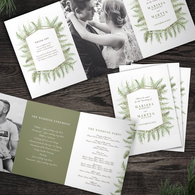 Winter evergreen olive green photo winter wedding Tri-Fold programme (Creator Uploaded)