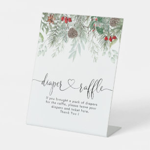 Winter Evergreen Pine Baby Shower Diaper Raffle Pedestal Sign