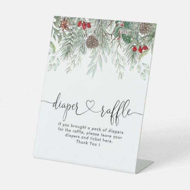 Winter Evergreen Pine Baby Shower Diaper Raffle  Pedestal Sign (Front)