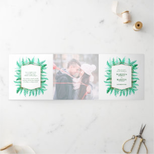 Winter evergreen pine photo winter wedding green Tri-Fold programme