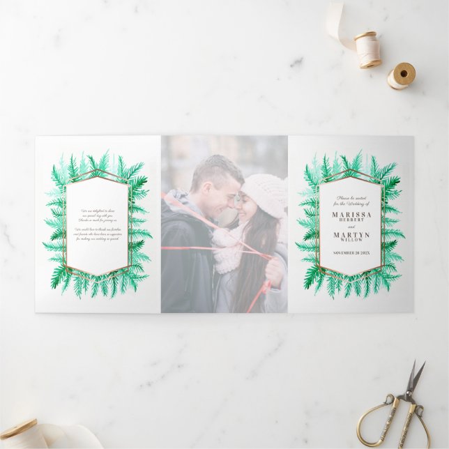 Winter evergreen pine photo winter wedding Tri-Fold programme (Outside)