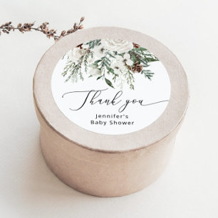 Winter evergreen pine tree baby shower  classic round sticker