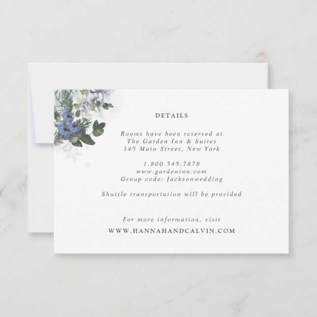 Winter Evergreen Wedding Details Card (Front)