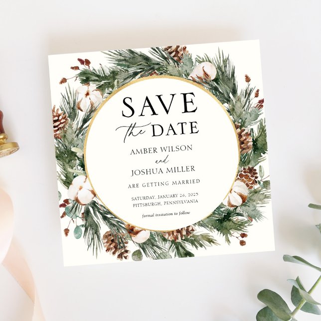 Winter Evergreen Wedding Save the Date Invitation (Creator Uploaded)