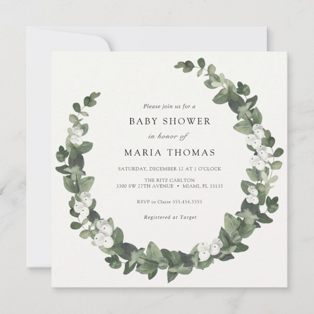 Winter Evergreen White Baby Shower Invitation (Front)