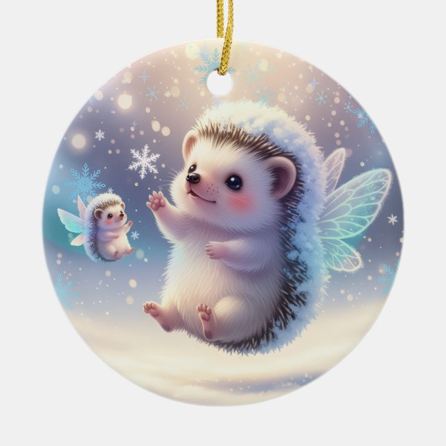 Winter Fairy Hedgehogs  – Cute Snowflake  Ceramic Tree Decoration (Front)