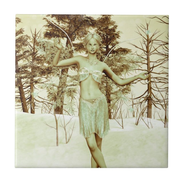Winter Fairy in Snowy Forest Fantasy Art Tile (Front)