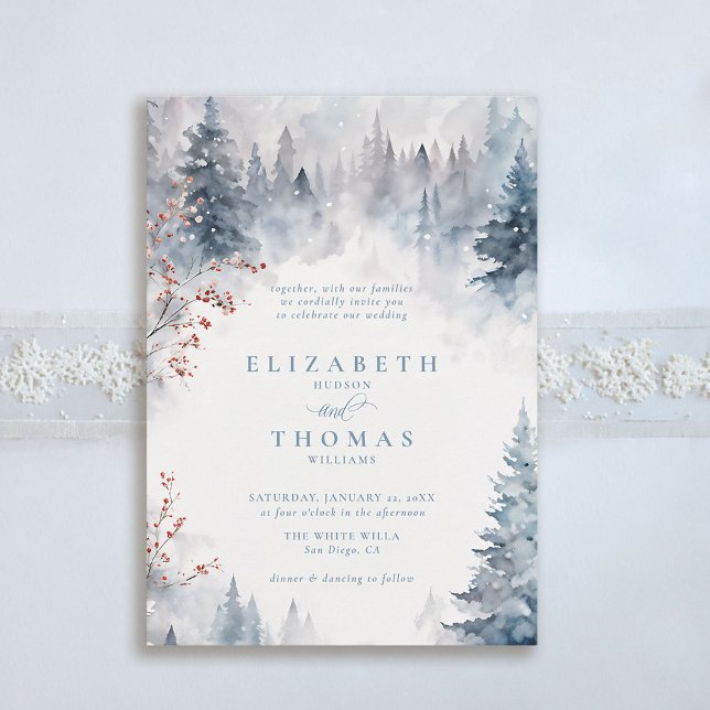 Winter Falling Snow Mountain Trees Elegant Wedding Invitation (winter wedding invitation mountains smoky forest woodland elegant trees falling snow berries)