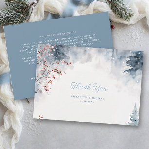 Winter Falling Snow Mountain Trees Elegant Wedding Thank You Card