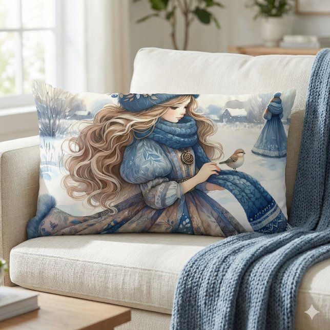 Winter Fantasy Princess in a Snowy Fairytale Lands Lumbar Cushion (Winter Fantasy Princess in a Snowy Fairytale Lands Lumbar Pillow Mockup A)