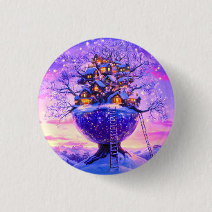 Winter Fantasy Snowy Tree Village Landscape 3 Cm Round Badge